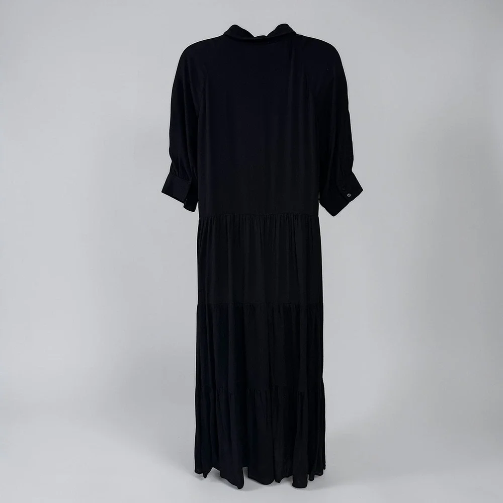 A Loves A Button Down Cuff Sleeve Tiered Waistless Midi Shirt Dress Size M Black - Picture 3 of 11